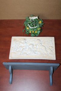 lot 47 image: Home Dcor Plaster Cherub Plaque, Painted Iron Centerpiece and Wall Shelf