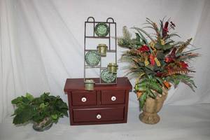 lot 50 image: Home Dcor Lot VaseFlower Arrangement, GlassCandle Centerpiece, Hanging Metal Votive Holder and Wooden Box Organizer