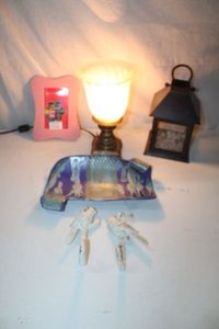 lot 22 image: Lantern, Desk Lamp, Metal Bird Hooks, Menke Ceramic Dish and Foam Photo Frame