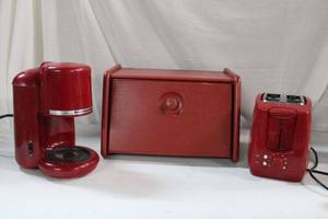 lot 63 image: KitchenAid Bagel Toaster, Kitchen Aid Coffee Pot and Red Wooden Bread Box