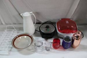 lot 66 image: Misc. Kitchen Lot Panini Grill, Waffle Iron, Drinking Glasses and More
