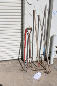 lot 83 image: Garden Hoes, Rake and Forks Plus Gloves