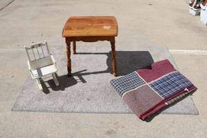 lot 86 image: 5 x 7 Area Rug, Quilted Blanket, Side Table and Doll Rocking Chair