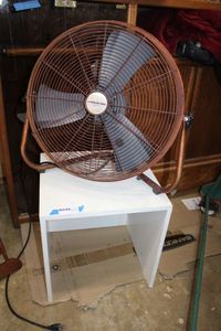 lot 110 image: Metal Fan and Painted Wood Box