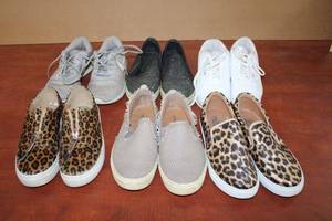 lot 114 image: Rubber Sole Shoes Pierre Dumas 8, indigo rd. 7.5, Madden girl 7, Reebok 8, Sketchers and Nike 6.5