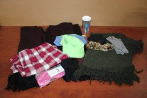 lot 119 image: 2 Womens Shawls, Gloves, Polo Ball Cap, Flannel Sleep Pants and Weighted Eye Mask