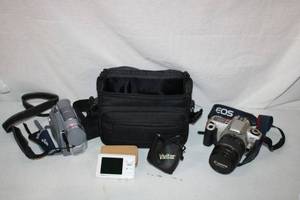 lot 131 image: Canon Camera and Bag, Kodak Easyshare Camera, Vivitar Lens .43 Wide Angle, and JVC Camera