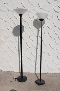 lot 145 image: 2 Floor Lamps Shade on top are both Plastic, One Base needs Weighed