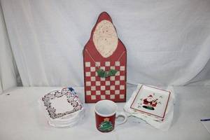 lot 153 image: Christmas Plates, Wooden Santa, and Tree Ornaments, See Pictures