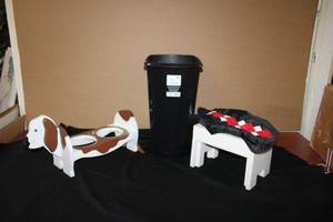 lot 154 image: Wooden Dog Dish Holder, Small Dog Coat, Step Stool and Trash Bin