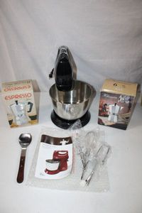 lot 160 image: Cooking Lot Wolfgang Puck Bistro Hand Stand Mixer, and 2 6-Cup Espresso Coffee Makers