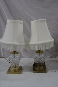 lot 163 image: Pair of Brass Based Desk Lamps with Fringed Lamp Shades