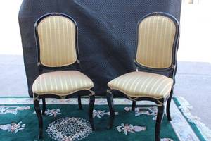 lot 149 image: 2 Black Lacquer Chairs with Gold Upholstery and Accents, Matches Lot 148