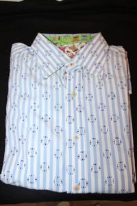 lot 201 image: Robert Graham Designer Shirt Size 2XL. Has decorated cuff, button placket and neck with dancing children