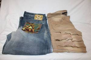 lot 199 image: (2) pairs of distressed jeans - Akademiks Native Warriors with embroidered pockets (Size 40) and Bleecker & Mercer (Size 40 x34)
