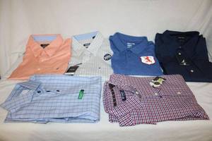 lot 187 image: NEW Mens Dress Shirts. Includes Izod (Medium), Cremieux (XL), Nautica (Orig price $59.50, 17,3435), Nautica (Orig Price $38.50, 18, 3637) and Lorenzo Uomo (Orig Price $125 at Nordstroms, 15.5, 3233) and Giordano Polo Pullover (Medium). All with tags