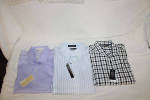 lot 189 image: (3) Mens shirts (ALL NEW WITH TAGS). Includes Nordstrom Traditional light blue Fit (16.534) and Vince Camuto plaid (XL, Orig Price $85), Michael Kors Barnished Lilac Shirt (Orig. Price $55, Size 16.5, 3435)