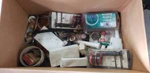 lot 391 image: Box of Toilet Repair Parts, Supply Lines & Fittings