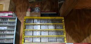 lot 547 image: Weatherhead 20-Drawer Parts Bin w Contents.  Washers, Electrical Connectors and Jars of Screws Above Bin.