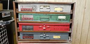 lot 730 image: Steel Imperial 4-Drawer Parts Cabinet w Metal Parts Boxes.  Boxes & Contents Included (Drill Bushings, Nuts & Fuses).  See Part #s for Specifics
