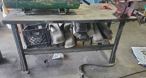 lot 337 image: Steel Shop Table w Attached Vise and Contents of Bottom Shelf