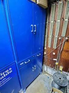 lot 634 image: Blue Metal Parts Cabinet - 2 Cabinets with 1 Drawer - Contents NOT Included  PICKUP FOR THIS ITEM IS FRIDAY ONLY