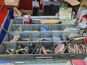 lot 511 image: Steel Parts Drawer w 24 Compartments & Contents Included, Valve Stems, Tire Tools & Tire Hardware