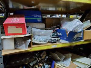 lot 527 image: Contents of Shelf.  Airline Coil Kit, Gaskets, Electrical, Brake Pads & More  THIS ITEM MUST BE PICKED UP WEDNESDAY OR THURSDAY