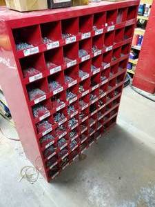 lot 539 image: Imperial Heavy Duty Steel 72-Compartment Parts Bin.  CONTENTS INCLUDED.