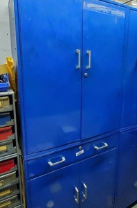 lot 632 image: Blue Metal Parts Cabinet - 2 Cabinets with 1 Drawer - Contents NOT Included  PICKUP FOR THIS ITEM IS FRIDAY ONLY