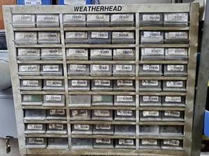 lot 650 image: Large Weatherhead 63-Bin Parts Storage Cabinet, CONTENTS INCLUDED