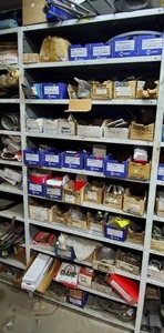 lot 672 image: Contents of Shelf.  Latches, Hose & Exhaust Clamps, Hinge Butts & MORE  See pics for Specifics  THIS ITEM MUST BE PICKED UP WEDNESDAY OR THURSDAY