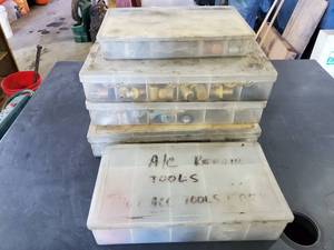 lot 700 image: Lot of 5 Plastic Bins Full of AC Repair Parts & Tools