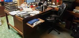 lot 846 image: Vintage Wooden L-Shape Desk.  Solid Wood.  Includes File Cabinets & Shelving.  CONTENTS NOT INCLUDED