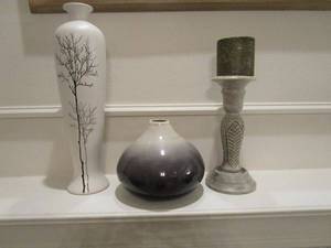 lot 28 image: ELEGANT HOME DECOR, LARGE VASE W TREE PAINTED ON, SHORT WIDE VASE BLACK GRAY &amp WHITE, LARGE CANDLE STICK HOLDER. ALL GOES WITH ANY HOME DECOR AND COLOR