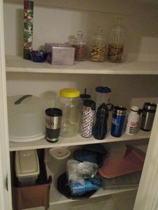 lot 37 image: REMAINING CONTENTS OF KITCHEN PANTRY. INSULATED CUPS, CONTAINERS,&nbsp STORAGE JARS, ETC.