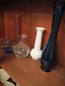 lot 84 image: VINTAGE HOBNAIL MILK GLASS BUD VASE, BLOWN GLASS CARAFFE, TALL FLARED VASE