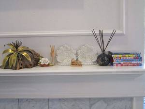 lot 105 image: HOME DECOR, PLANT MADE OF GILT LEAF MATERIAL OR SIMILAR ON TOP OF A PIECE OF WOOD, GEORGIAN FINE PORCELAIN WHITE ROSE, SEASHELL BOOKENDS, DECORATIVE REED DIFUSER, DVDs