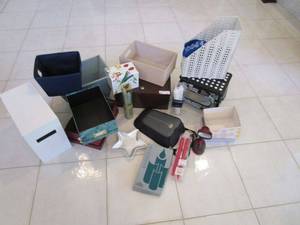 lot 114 image: ORGANIZATIONAL BINS , PARTY LITE CANDLES, STAR TRAY, FLASHLIGHT, FOLDABLE STEP STOOL &amp MORE