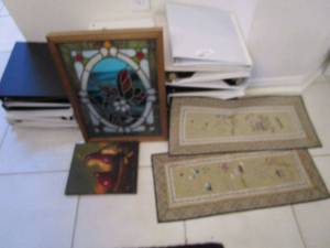 lot 121 image: 2 ANTIQUE CHINESE EMBROIDERED SILK TAPESTRY PANELS, BUTTERFLY &amp FLOWER STAINED HANGING GLASS, PAINTING OF FRUIT SIGNED BY ARTIST, MANY 3 RING BINDERS