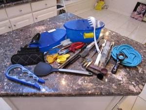 lot 126 image: PASTA &amp MORE CONTAINER, 4 IN 1 MULTI FUNCTION CAN BOTTLE OPENER, POT HOLDERS, MANY UTENSILS