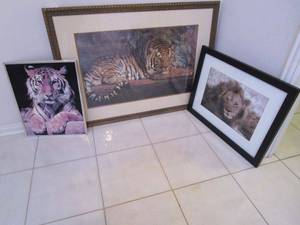 lot 128 image: 2 TIGER FRAMED PICTURES AND 1 LION FRAMED PICTURE