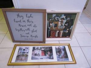 lot 127 image: PABLO PICCASO 3 MUSICIANS PRINT, LAKE GARDA, ITALY FRAMED PICTURE, HANGING SCRIPTURE
