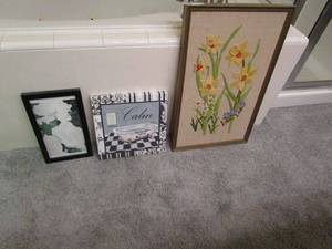 lot 140 image: WHITE ROSES PAINTING W ARTISTS INFO ON BACK , BATHTUB PAINTING FROM CRYSTAL ART GALLERY, EMBROIDERED FLOWERS FRAMED ART