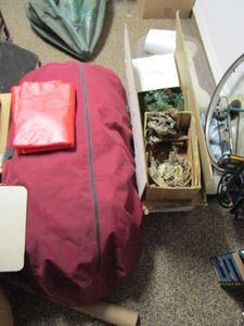 lot 176 image: XMAS DECOR,PIECES FOR NATIVITY SCENE, POTTED XMAS TREE, LARGE WHITE LIGHTED XMAS TREE IN BAG