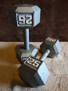 lot 8 image: 25 POUND DUMB BELL WEIGHTS (X2)