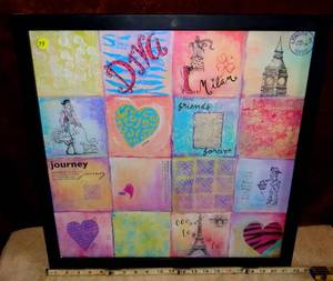 lot 73 image: COLORFUL HOME INTERIORS TRAVEL QUILT DESIGN PRINT - APPROX 22 X 22
