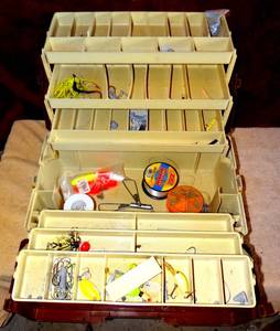 lot 84 image: LARGE 6 TRAY PLANO TACKLE BOX WITH ACCESSORIES AS SHOWN