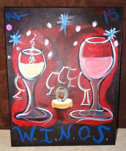 lot 99 image: HAND PAINTED OIL FEATURING WINE GLASSES CALLED WINOS