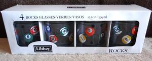 lot 142 image: VINTAGE LIBBY ROCKS BILLIARD THEME 13.5 OZ GLASSES - SET OF 4 UNUSED IN ORIGINAL BOX $$